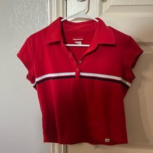 super cute red button down with stripes